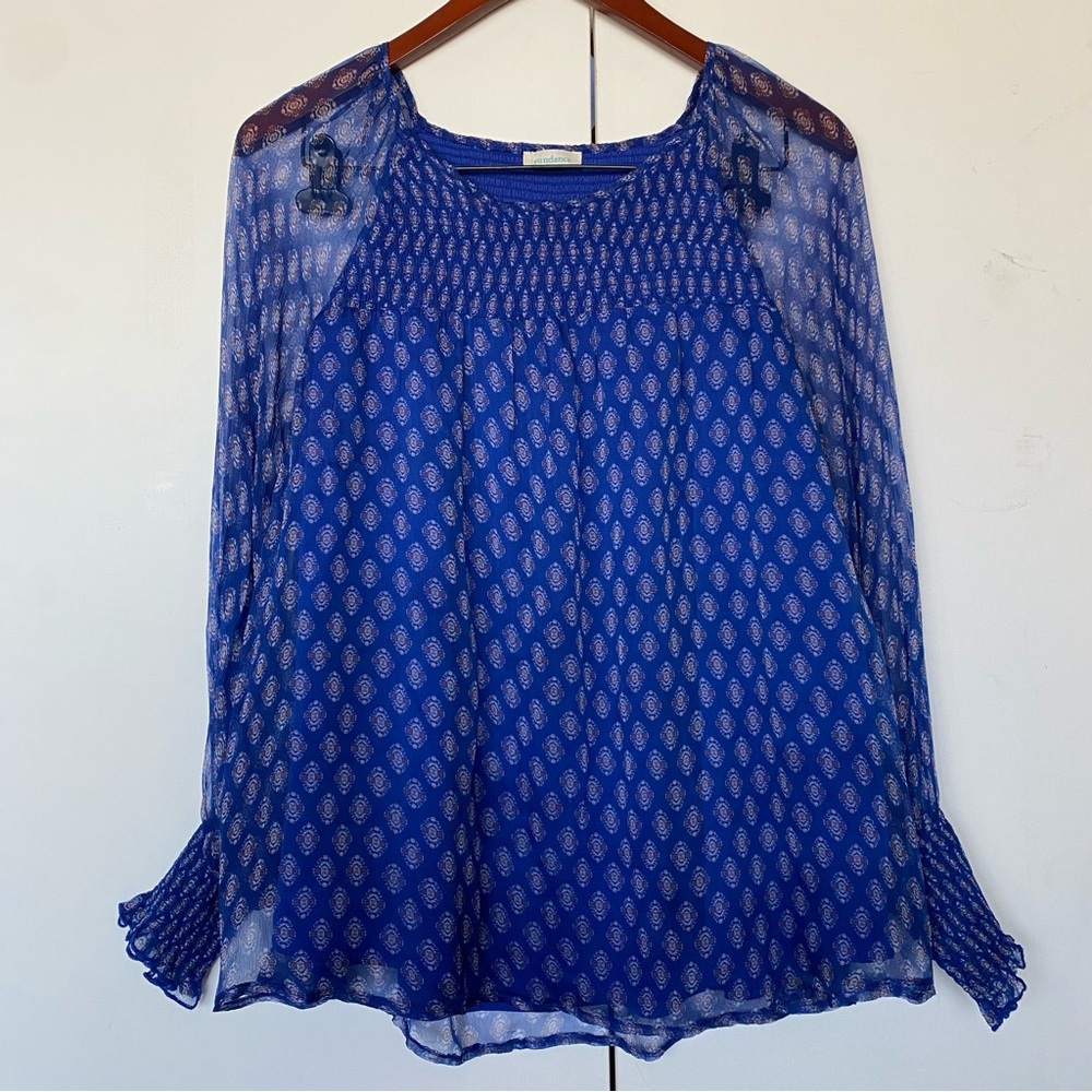 Sundance - Rayon Ruched Blue Sheer Long Sleeve Flowy Boho Blouse - Size Small